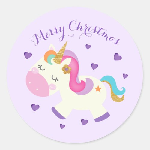 Rainbow Unicorn Christmas Glitter Purple Classic Round Sticker