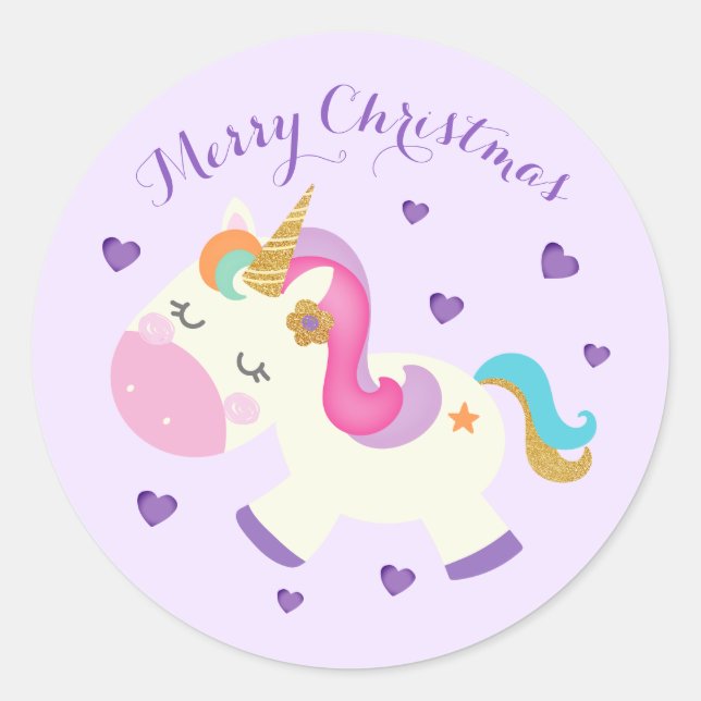 Rainbow Unicorn Christmas Glitter Purple Classic Round Sticker (Front)