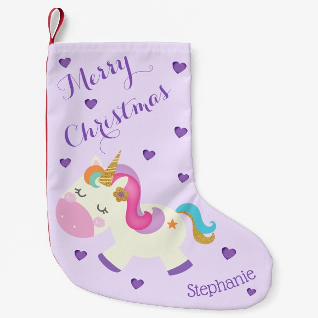 Rainbow Unicorn Christmas Glitter Purple Small Christmas Stocking (Front)