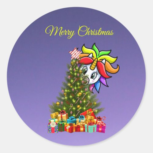 Rainbow Unicorn Christmas Tree Purple Classic Round Sticker