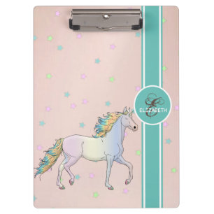 Rainbow Unicorn, Colorful Stars, Monogram Clipboard