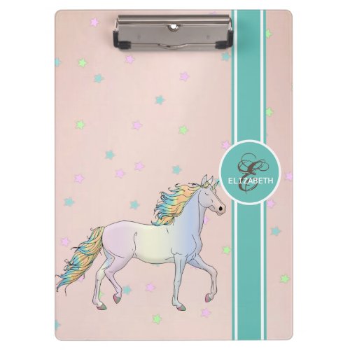 Rainbow Unicorn Colorful Stars Monogram Clipboard