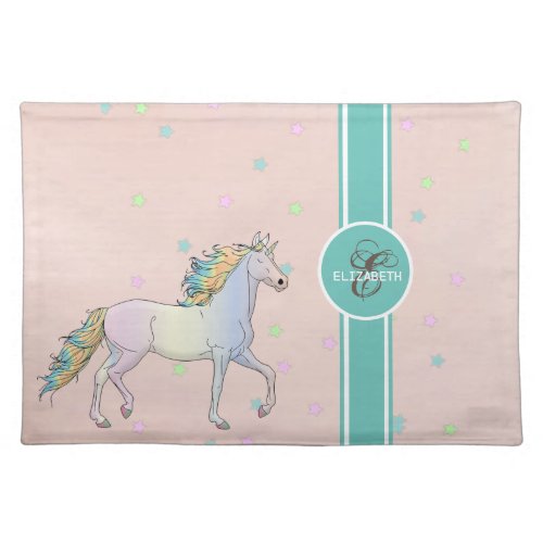 Rainbow Unicorn Colorful Stars Monogram Cloth Placemat