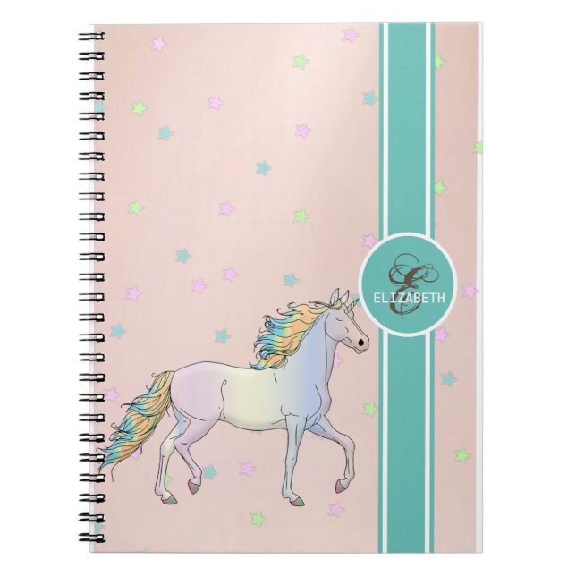 Rainbow Unicorn, Colorful Stars Monogram Notebook (Front)
