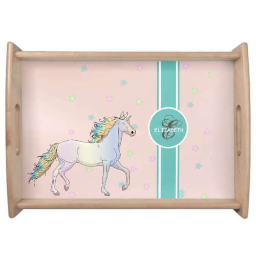 Rainbow Unicorn Colorful Stars Monogram Serving Tray