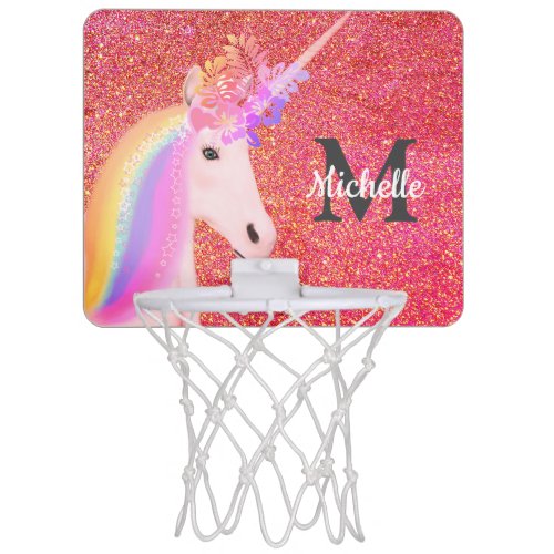 Rainbow Unicorn Coral Pink Glitter Personalized Mini Basketball Hoop