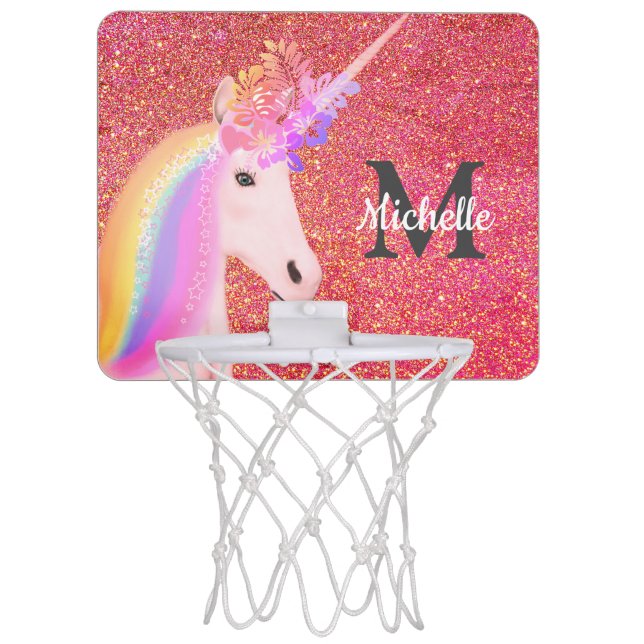 Rainbow Unicorn Coral Pink Glitter Personalized Mini Basketball Hoop (Front)