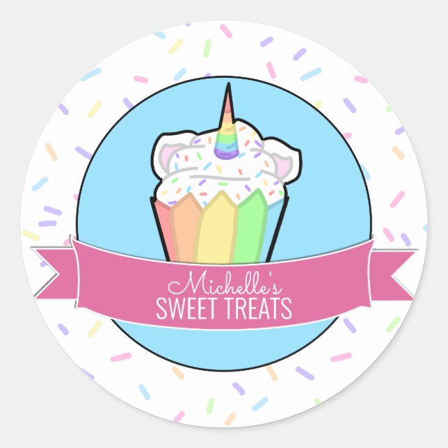 Rainbow Unicorn Cupcake Bakery Box Stickers (Front)