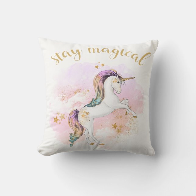 Rainbow Unicorn Cushion, Stay Magical Throw Pillow (Front)