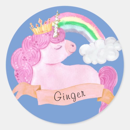 Rainbow Unicorn Custom Name   Classic Round Sticker
