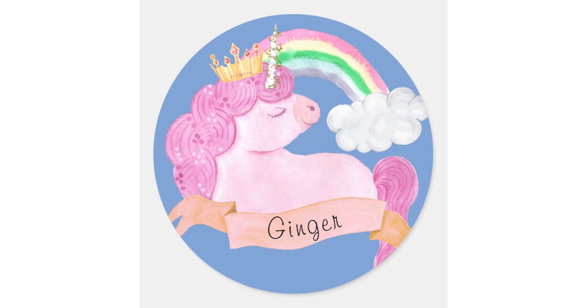 Rainbow Unicorn Custom Name Classic Round Sticker | Zazzle