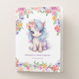 Rainbow Unicorn Custom Name Cute Kids Sketch  Pocket Folder