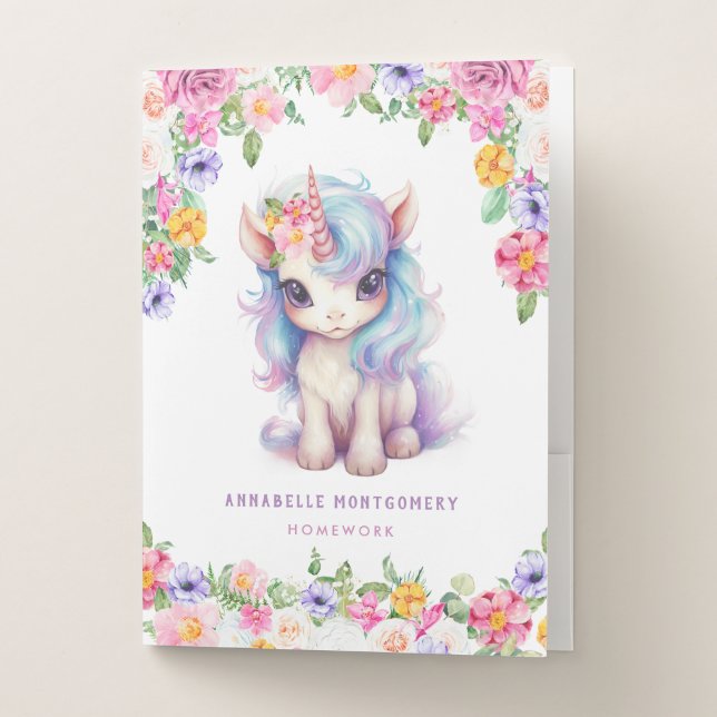 Rainbow Unicorn Custom Name Cute Kids Sketch  Pocket Folder (Front)