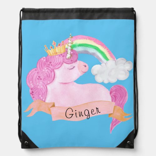 Rainbow Unicorn Custom Name     Drawstring Bag