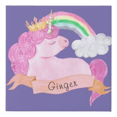 Rainbow Unicorn Custom Name     Faux Canvas Print