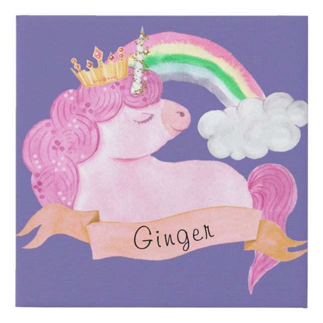 🌈Rainbow Unicorn Custom Name     Faux Canvas Print (Front)
