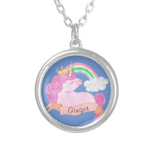 Rainbow Unicorn Custom Name        Silver Plated Necklace