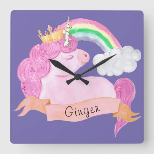 Rainbow Unicorn Custom Name    Square Wall Clock