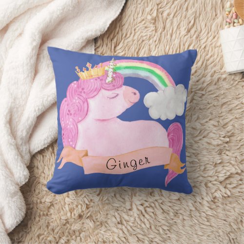 Rainbow Unicorn Custom Name Throw Pillow