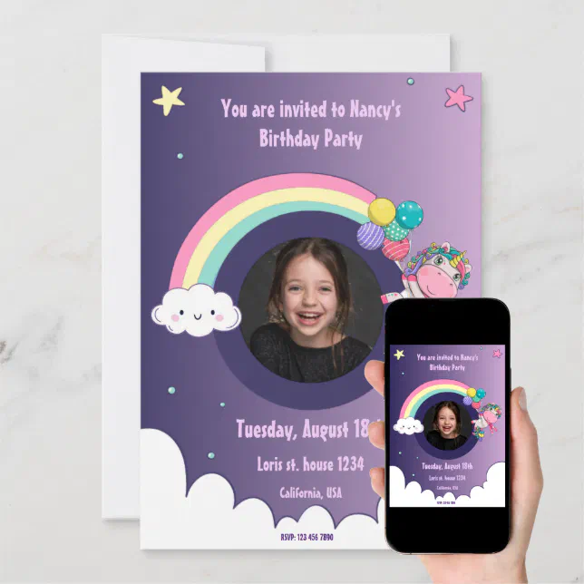 Rainbow Unicorn Cute Birthday Party Invitationcard Invitation 