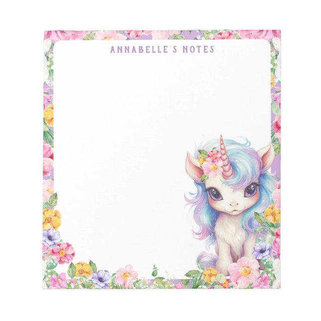 Rainbow Unicorn Cute Floral Purple Kids School Notepad (Front)