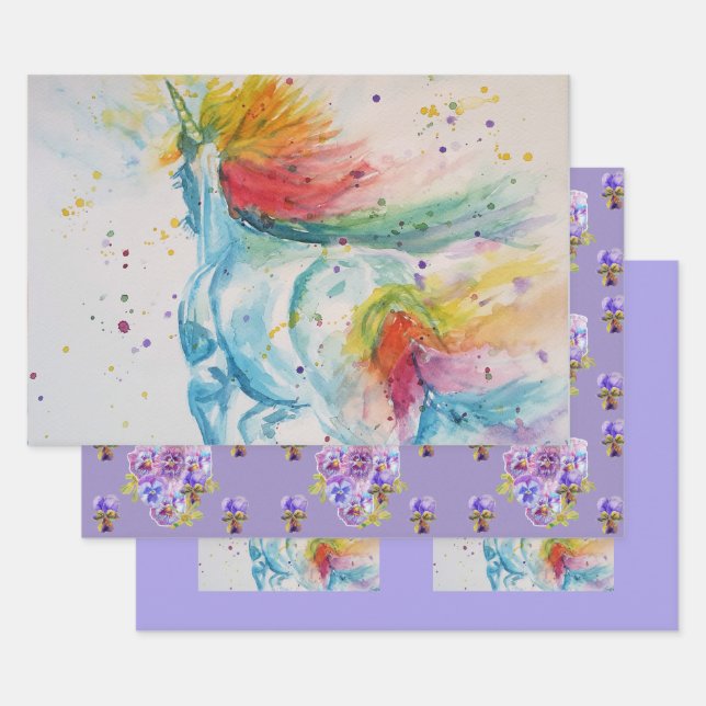 Rainbow Unicorn Cute Magical Watercolour Wrapping Paper Sheets (Set)