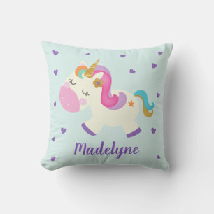 Rainbow Unicorn Cute Personalized Name Aqua Throw Pillow