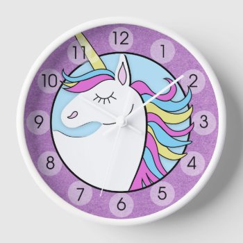 Rainbow Unicorn Cute Purple Round Wall Clock by allpetscherished at Zazzle