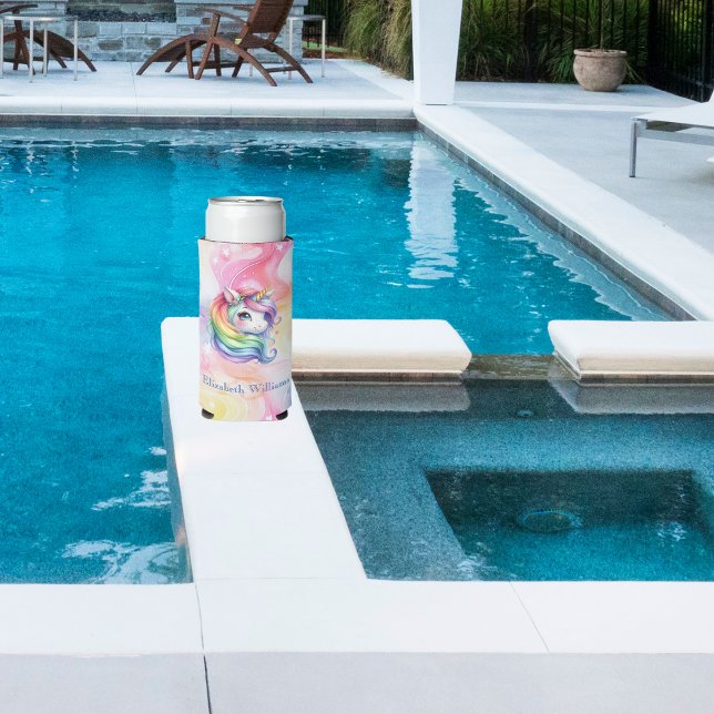 Rainbow Unicorn Design with Custom Name  Seltzer Can Cooler (Creator Uploaded)
