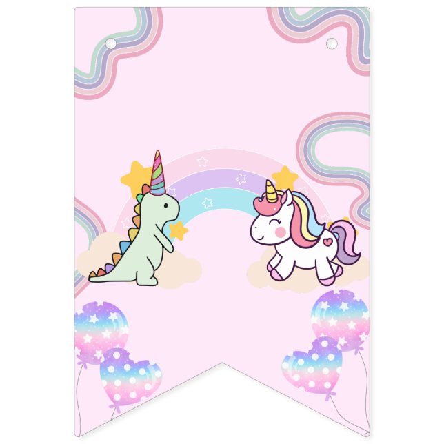 Rainbow Unicorn & Dinosaur Friends Birthday Party Bunting Flags (First Flag)