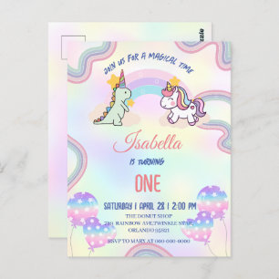 Rainbow Unicorn & Dinosaur Friends Birthday Party Postcard