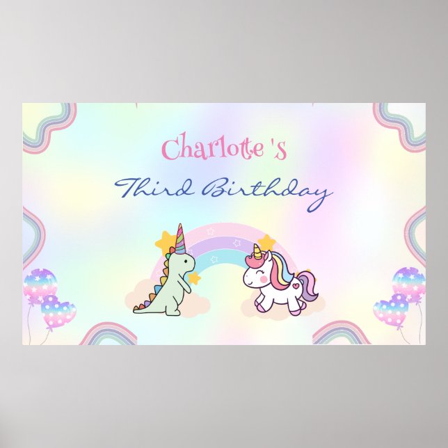 Rainbow Unicorn & Dinosaur Friends Birthday Party Poster (Front)