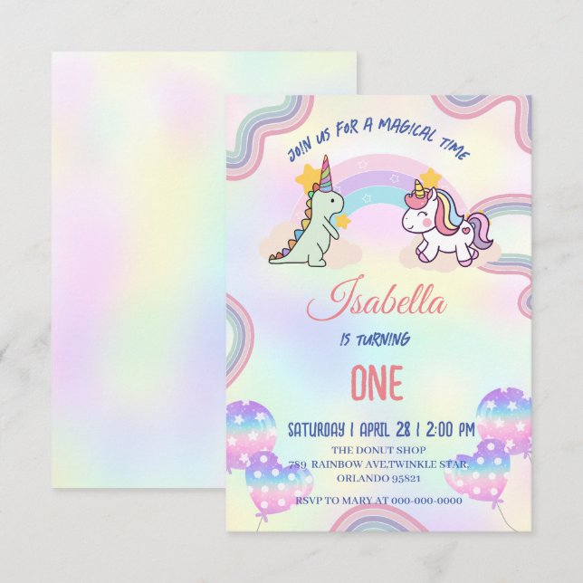 Rainbow Unicorn & Dinosaur Friends Birthday Party Thank You Card (Front/Back)