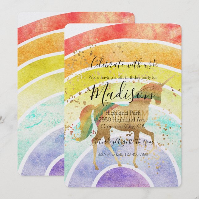 Rainbow Unicorn Dream Gold Confetti Birthday Invitation (Front/Back)