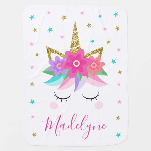 Rainbow Unicorn Face Magical Glitter Baby Blanket (Front)