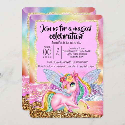 Rainbow unicorn fairy magic glitter gold pink girl invitation