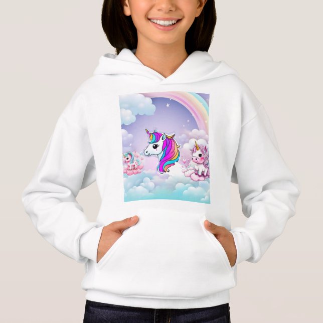 Rainbow Unicorn Fantasy Clouds and Hearts Hoodie (Front)