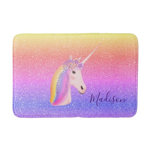 Rainbow Unicorn Faux Glitter Girls Personalized Bath Mat
