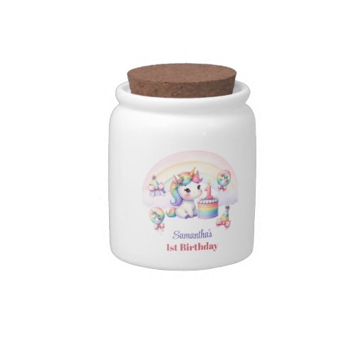 Rainbow Unicorn First Birthday Girls Pastel  Candy Jar