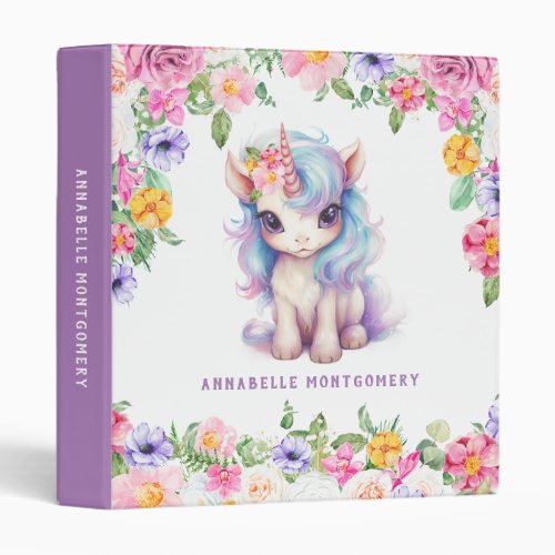 Rainbow Unicorn Floral Custom Name Kids School 3 Ring Binder