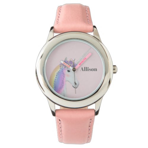 Rainbow Unicorn Floral Pink Personalized Girls Watch