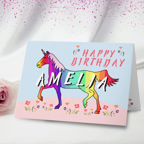 Rainbow Unicorn Flower Girl Happy Birthday Card