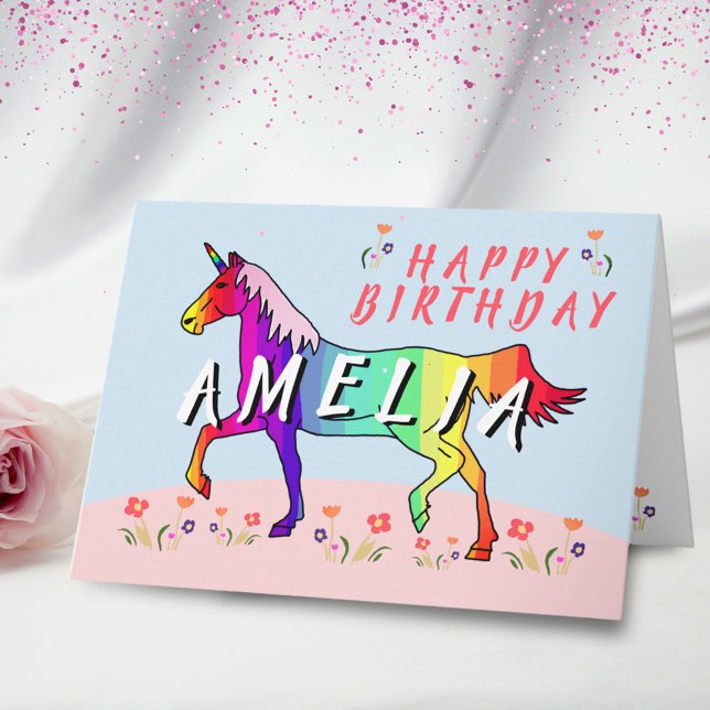 Rainbow Unicorn Flower Girl Happy Birthday Card (Creator Uploaded)