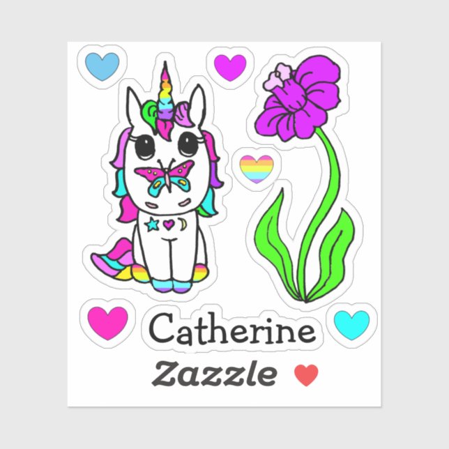 Rainbow Unicorn, Flowers and Name Sticker (Sheet)