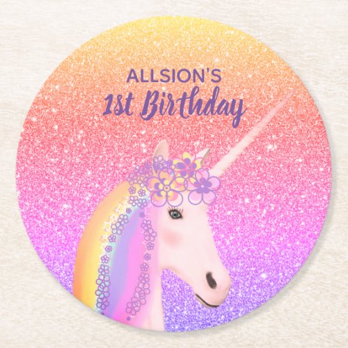 Rainbow Unicorn Girl 1st Birthday Party Favor Round Paper Coaster