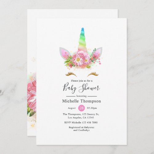 Rainbow Unicorn Girl Baby Shower Invitation