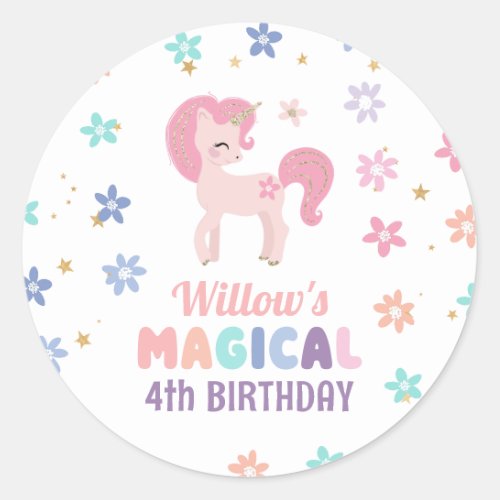 Rainbow Unicorn Girl Birthday Favor Round Stickers