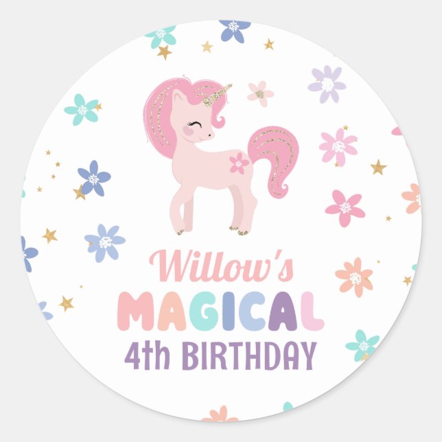 Rainbow Unicorn Girl Birthday Favor Round Stickers (Front)