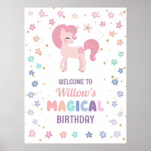 Rainbow Unicorn Girl Birthday Party Welcome Poster