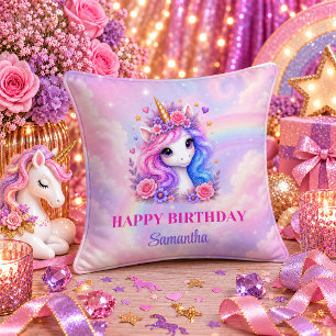 Rainbow Unicorn Girl Birthday Pink Purple Party Pi Throw Pillow